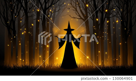 Witch Casting Golden Spell in Enchanted Forest 130064901