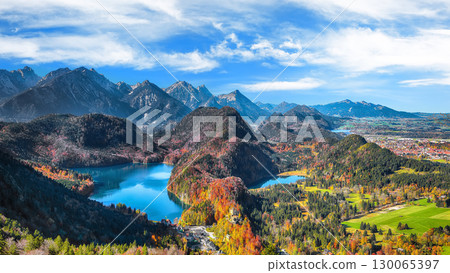 Amazing Top view panorama of Alpsee and Schwangau village in autumn. 130065397