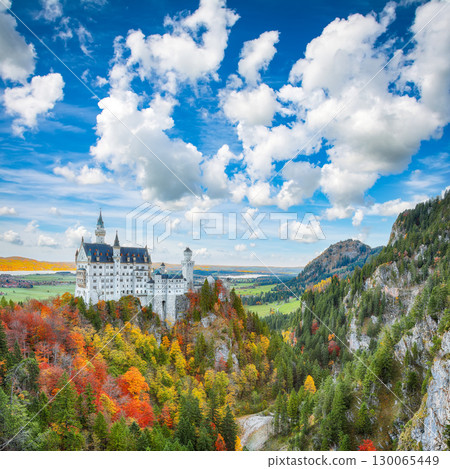 Astonishing view of famous Neuschwanstein Castle in autumn. 130065449