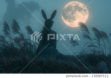 A fantastical scene of a girl with rabbit ears gazing at the full moon 130065511