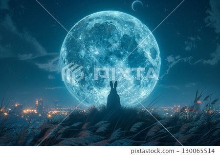 戴著兔耳的少女凝視滿月的奇幻場景 戴著兔耳的少女凝視滿月的奇幻場景 130065514