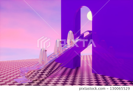 Surreal Halloween scene with cute Ghost in  Dreamlike Architecture. 3d rendering. 130065529