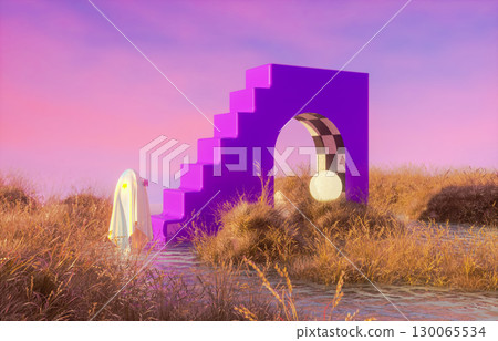 Surreal Halloween scene with cute Ghost in dry grass field landscape. 3d rendering. 130065534