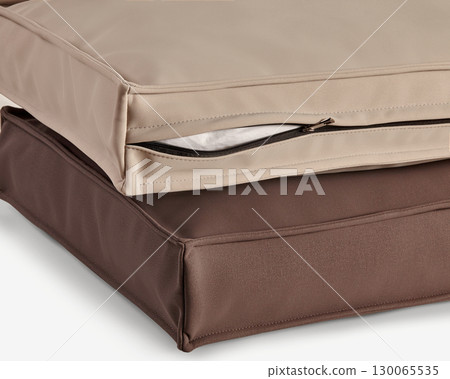 Waterproof outdoor cushion cover showing zipper closure detail Waterproof outdoor cushion cover showing zipper closure detail 130065535