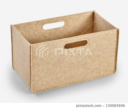 Empty beige felt storage box with handles on white background Empty beige felt storage box with handles on white background 130065606
