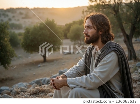 Contemplative bearded man in traditional robes overlooking serene Middle Eastern landscape 130065632