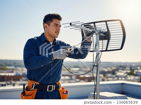 Skilled Antenna Technician Installing Digital TV Equipment on Urban Rooftop During Service Call 130065639