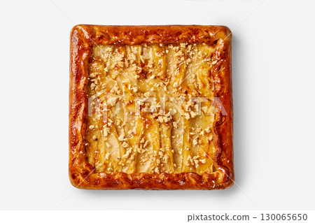 Delicious square apple pie with walnuts on white background 130065650
