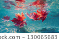 Autumn leaves floating in the water, beautiful autumn scenery with sunlight streaming in 130065683