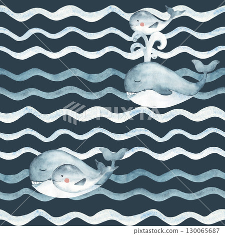 Blue Whales seamless pattern, adult and child swimming in Ocean waves on a dark blue background. Hand drawn Watercolor illustration for kids wallpaper, textile and packaging prints. 130065687