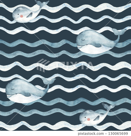 Watercolor blue Whales seamless pattern, adult and child swimming in Ocean waves on a dark blue background. Hand drawn illustration for kids wallpaper, textile and packaging prints. Watercolor blue Whales seamless pattern, adult and child swimming in Ocean waves on a dark blue background. Hand drawn illustration for kids wallpaper, textile and packaging prints. 130065699