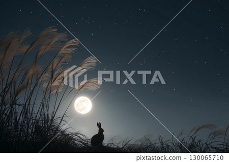 A silhouette of a rabbit standing under the full moon and silver grass 130065710