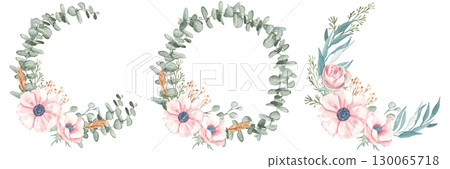 Set of Anemone and Eucalyptus branches wreaths. Watercolor Rustic greenery. Hand drawn botanical illustration isolated on white background. For stationery, invitations, save the date, wedding or 130065718