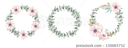 Watercolor Anemone and Eucalyptus branches wreaths set. Rustic greenery. Hand drawn botanical illustration isolated on white background. For stationery, invitations, save the date, wedding or greeting 130065732