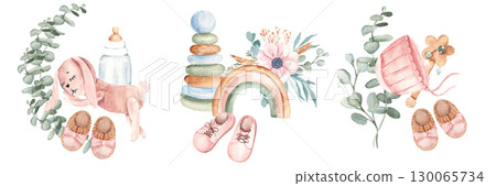 Baby Girl cute compositions. Pink Booties, children Toys and accessories with eucalyptus branches. Watercolor hand drawn kid illustration in eco style. For baby shower, Its a girl or gender reveal 130065734