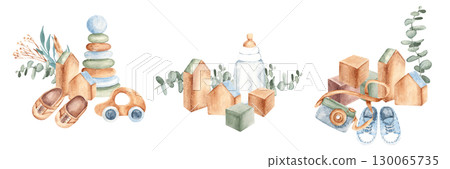 Baby Boy cute compositions. Booties, wooden Toys and accessories with eucalyptus branches. Watercolor hand drawn kid illustration in eco style. For baby shower, Its a boy or gender reveal party. Baby Boy cute compositions. Booties, wooden Toys and accessories with eucalyptus branches. Watercolor hand drawn kid illustration in eco style. For baby shower, Its a boy or gender reveal party. 130065735