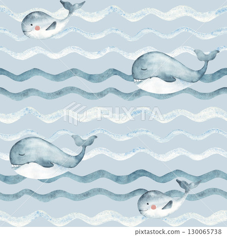 Watercolor blue Whales seamless pattern, adult and child swimming in Ocean waves. Hand drawn illustration for kids wallpaper, textile and packaging prints. Watercolor blue Whales seamless pattern, adult and child swimming in Ocean waves. Hand drawn illustration for kids wallpaper, textile and packaging prints. 130065738