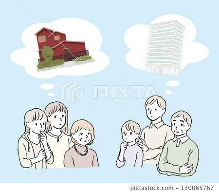 Illustration of a family wondering whether to buy a house or an apartment 130065767