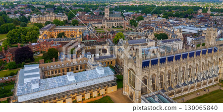 Aerial view of Cambridge University, King's College Chapel, showing the cityscape on a sunny day 130065840