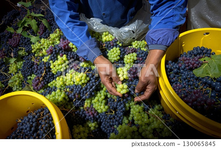 Experienced vineyard worker carefully sorting fresh wine grapes during autumn harvest season 130065845