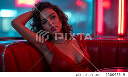 Glamorous woman in red dress poses elegantly against neon-lit urban nightlife backdrop 130065849