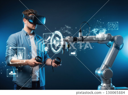 Engineer Controls Industrial Robotic Arm Through Virtual Reality Interface With Digital Analytics 130065884