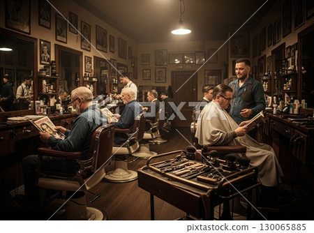 Classic Vintage Barbershop Interior with Multiple Clients Reading Newspapers 130065885