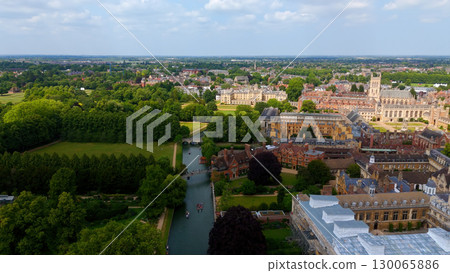 Cambridge University buildings along River Cam, aerial view of Cambridge, UK 130065886