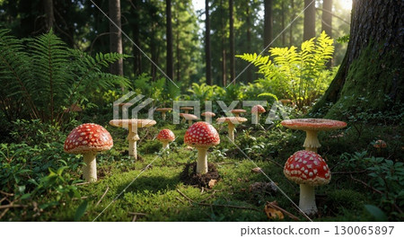 Enchanted Red Spotted Mushrooms Growing Wild in Sunlit Forest Floor Among Moss and Ferns 130065897