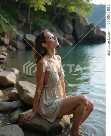 Peaceful lakeside meditation moment with young woman enjoying golden hour tranquility 130065898