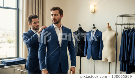 Skilled tailor fitting elegant navy suit on professional client in upscale menswear boutique Skilled tailor fitting elegant navy suit on professional client in upscale menswear boutique 130065899