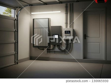Modern Garage Battery Storage System Installation with Smart Energy Management Display 130065930