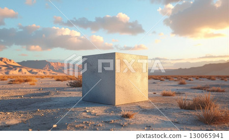 Solitary concrete cube standing in vast desert landscape with golden hour illumination 130065941