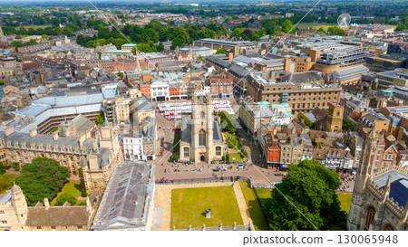 Aerial view of Cambridge city center showing Market Square and Great St Mary's Church, UK 130065948