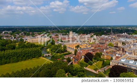 Cambridge University buildings and parks viewed from above on a sunny summer day 130065952