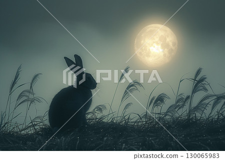一隻兔子凝視著美妙的滿月的剪影 一隻兔子凝視著美妙的滿月的剪影 130065983