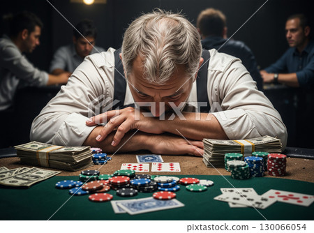 Defeated Poker Player Resting Head on Arms Surrounded by Casino Chips and Cash Stacks Defeated Poker Player Resting Head on Arms Surrounded by Casino Chips and Cash Stacks 130066054