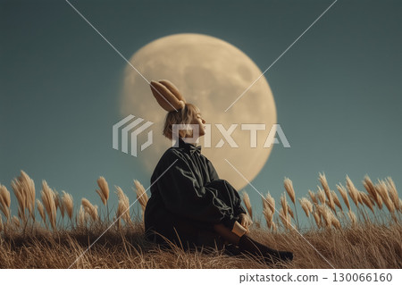 A fantastical scene of a rabbit-eared person standing under the full moon A fantastical scene of a rabbit-eared person standing under the full moon 130066160