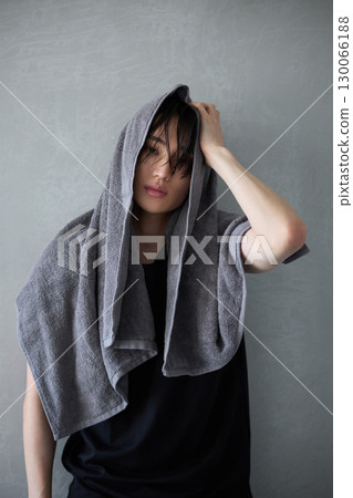 Young Asian man portrait after bathing Young Asian man portrait after bathing 130066188