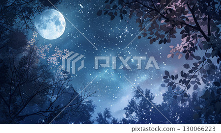 Silhouette of a forest looking up at the full moon and starry night sky 130066223