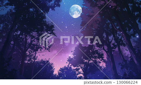 A purple evening sky with a full moon and twinkling stars, and a forest silhouette 130066224