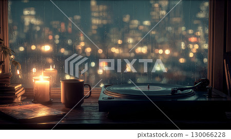 Record player and candles by the window on a rainy night 130066228