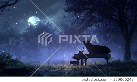 A grand piano quietly standing in a moonlit forest A grand piano quietly standing in a moonlit forest 130066242