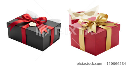 Insulated gift boxes: black with a red bow and red with gold. Ideal for holiday designs and gift wrapping. Insulated gift boxes: black with a red bow and red with gold. Ideal for holiday designs and gift wrapping. 130066284