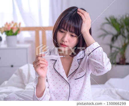 一名發燒的婦女用略帶痛苦的表情測量體溫 130066299
