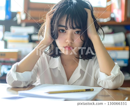 A gloomy afternoon for a woman at a loss for homework A gloomy afternoon for a woman at a loss for homework 130066331