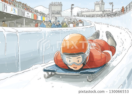 Skeleton athletes speeding down an ice chute 130066553