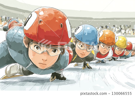Speed skaters sprinting across the ice 130066555