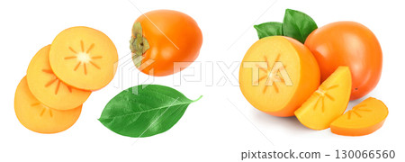 persimmon fruit with slices isolated on white background. Top view. Flat lay pattern 130066560
