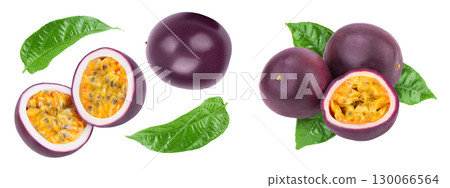 passion fruits and a half with leaves isolated on white background. Isolated maracuya. Top view. Flat lay 130066564